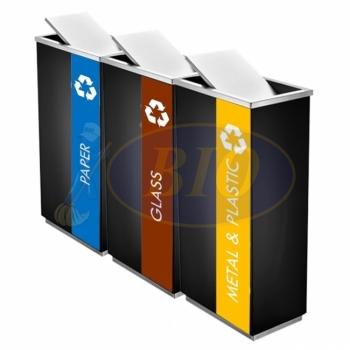 SS102 (BLK) |IN3| Black Powder Coated Recycle Bin Rectangular C/W Flip Top (3-in-1)